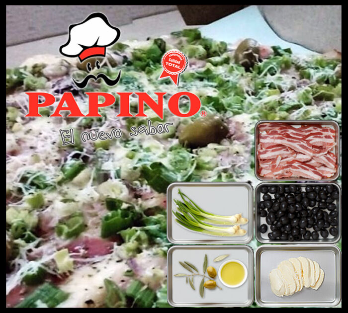 Pizza Panceta ahumada cebollita de verdeo al oliva Muzzarella aceitunas