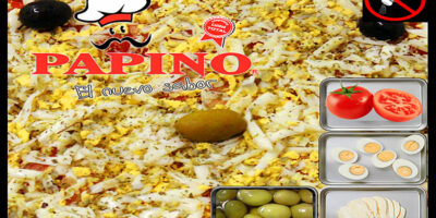1047 Pizza Rodeo con Muzzarella SIN SAL, huevos duros, aceitunas verdes y tomate