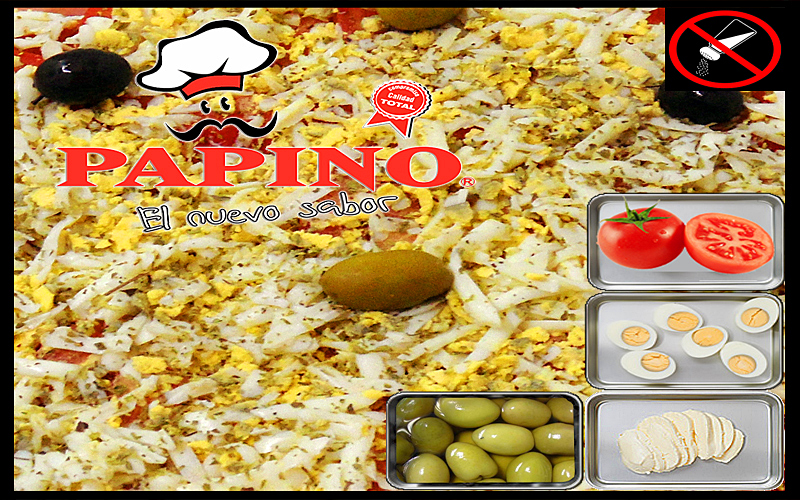 1047 Pizza Rodeo con Muzzarella SIN SAL, huevos duros, aceitunas verdes y tomate